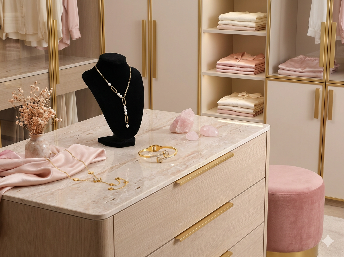 Taznira jewellery on a walk-in closet vanity